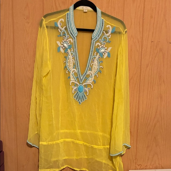 Boston Proper Yellow Tunic with Blue Embroidery - Picture 2 of 5
